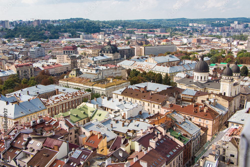 View to the city of Lviv from Town Hall. Aerial view on the old centre of Lviv in Ukraine. Europe.
