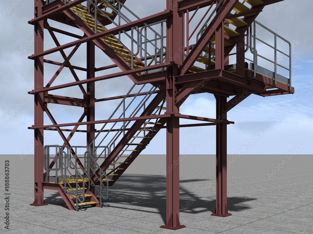 Model metal industrial staircase. Shiny metal fence, yellow stairs, and brown columns and beams. Engineering and industrial background. 3D rendering.