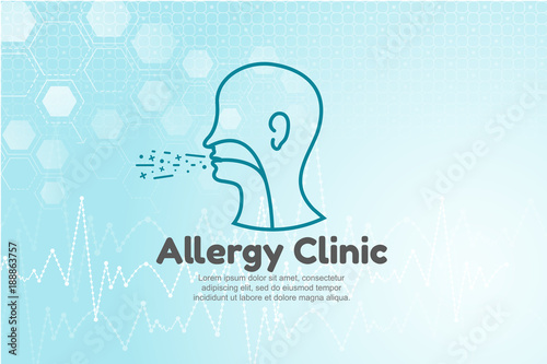 Vector illustration of human head for allergy clinic. Blue medical background with structure molecule and heart beat.