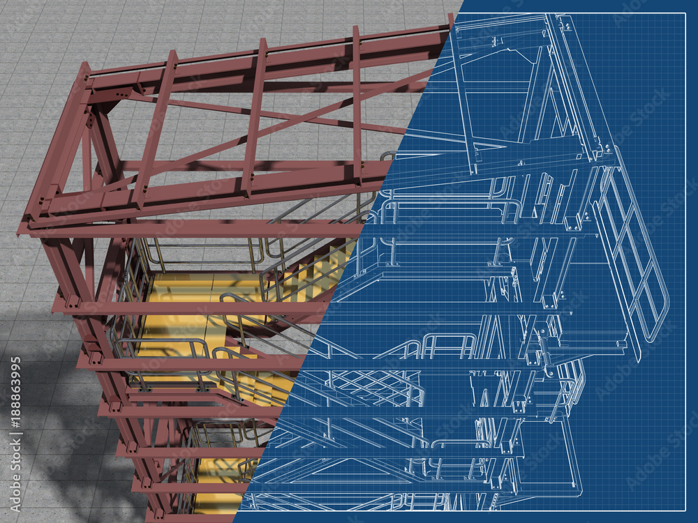 Model metal industrial staircase. Drawing blueprint. Shiny metal fence ...