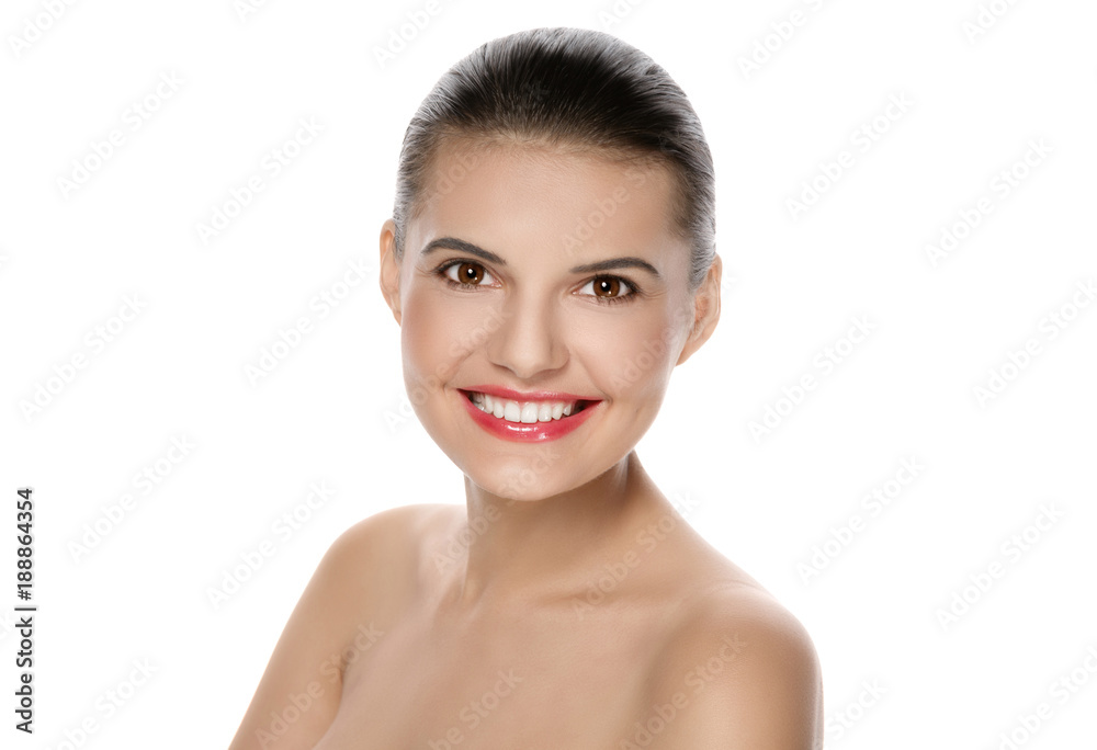 Obraz premium Beautiful smiling woman on a white background