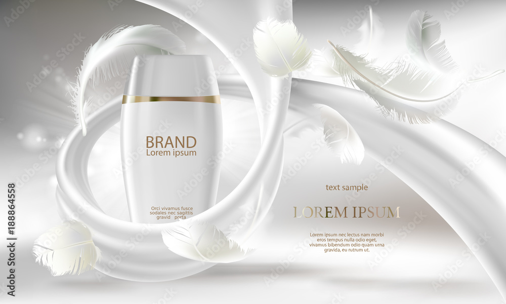 Vector cosmetic banner with 3d realistic white bottle for skin care cream or body lotion, ready mockup for promotion your brand. Beauty product concept illustration with creamy swirl and feathers - obrazy, fototapety, plakaty 