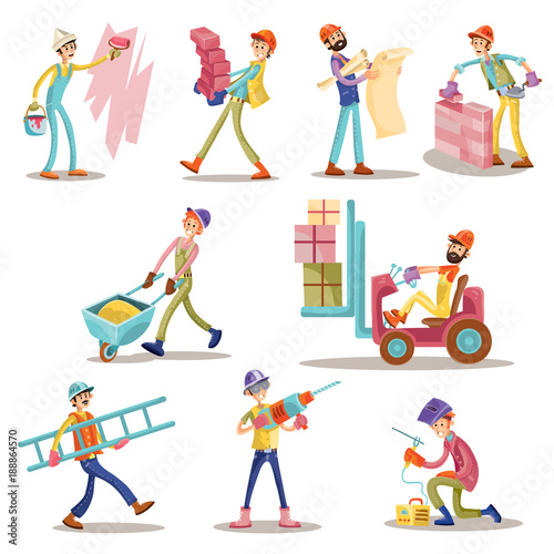 Construction workers vector cartoon funny men icons set. Builder, constructor profession man, mason laying bricks or carry concrete blocks in wheelbarrow and ladder, welder and worker painting wall