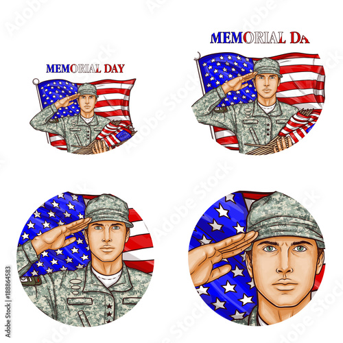 Set of vector pop art round avatar profile icons for users of social networking, blogs. American male soldier in uniform holding flags saluting against US flag. Memorial, independence day symbol