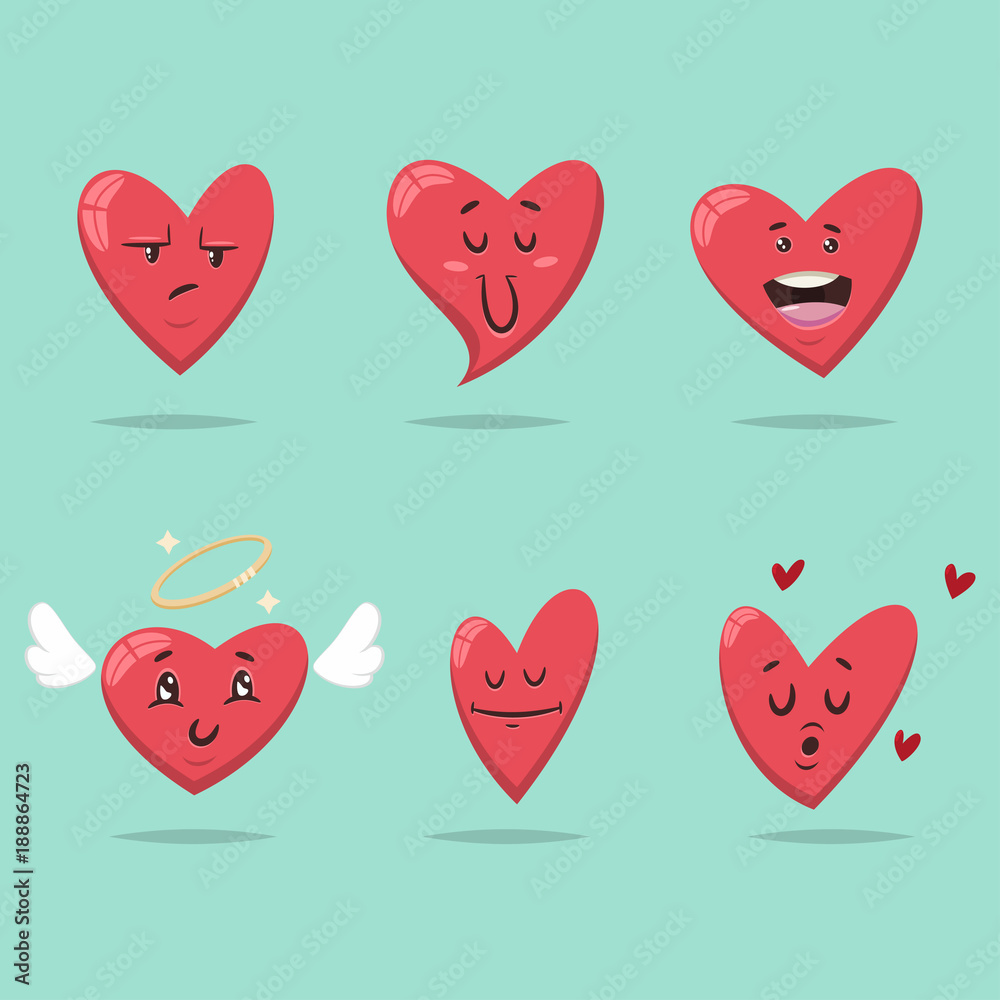 Funny heart with different face expressions and emotions. Vector cartoon cute characters set for Valentine's day isolated on background.