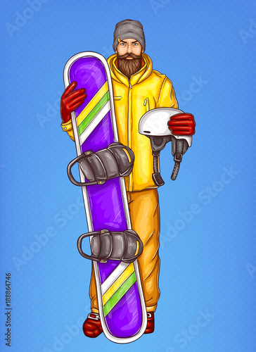 Vector pop art man snowboarder with heavy beard, mustache standing in snowboarding suit holding snowboard and helmet. Illustration, blue background. Cartoon male character with extreme sport equipment