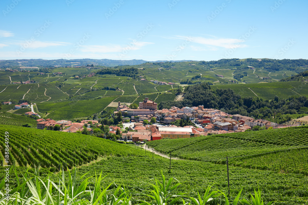 Barolo medieval town surrounded by vineyards, Langhe hills in Italy
