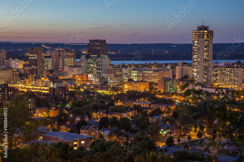 Downtown skyline at night in Hamilton, Ontario