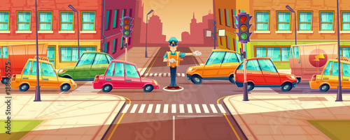 Vector illustration of adjusting city crossroads in rush hour, traffic jam, transport moving, vehicles by crossing guard. Urban highway regulation, crosswalk with traffic lights, machines