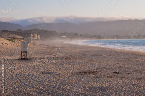 Lifeguard tower on beach in Monterey Bay, California, USA