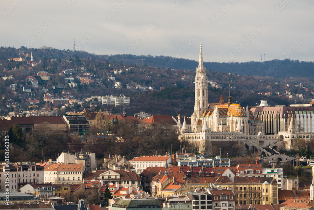 Matthias Church and cityscape of Budapest from dome terrace of St. Stephen's Basilica in BudaPest, Hungary.