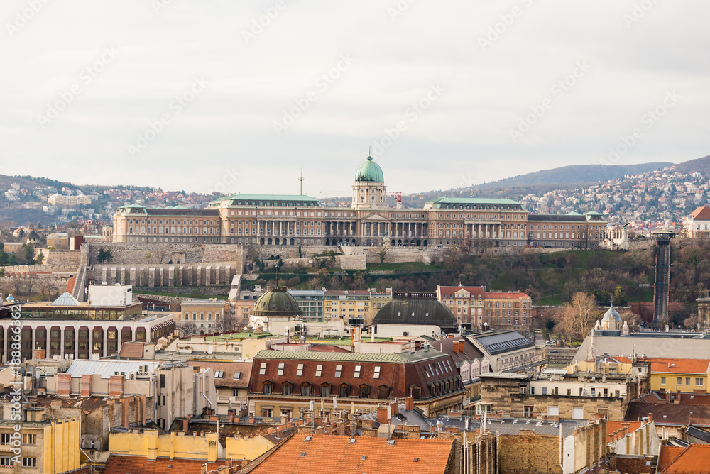 Budapest castle as seen from from dome terrace of St. Stephen's Basilica in BudaPest, Hungary