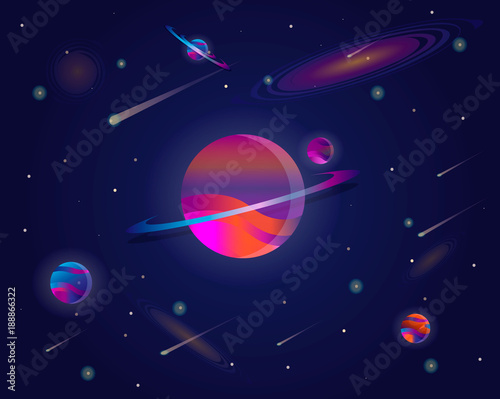 Vector realistic and futuristic space background with bright light planets and stars. Abstract universe with big planet