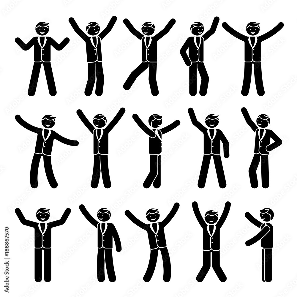 Stick figure happiness, celebration, motion businessman set. Vector illustration of celebration poses black and white pictogram