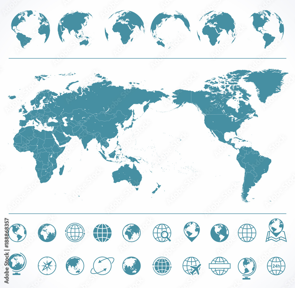 Naklejka premium World Map Blue Green and Globes - Asia in Center