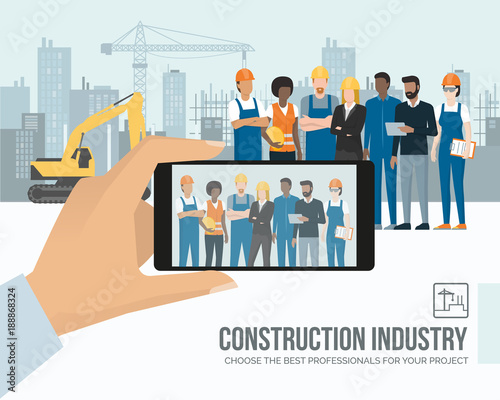 Professional construction workers and engineers