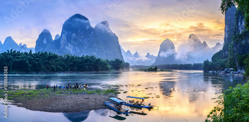 Landscape of Guilin, Li River and Karst mountains. Located in The Ancient Town of Xingping, Yangshuo, Guilin, Guangxi, China.