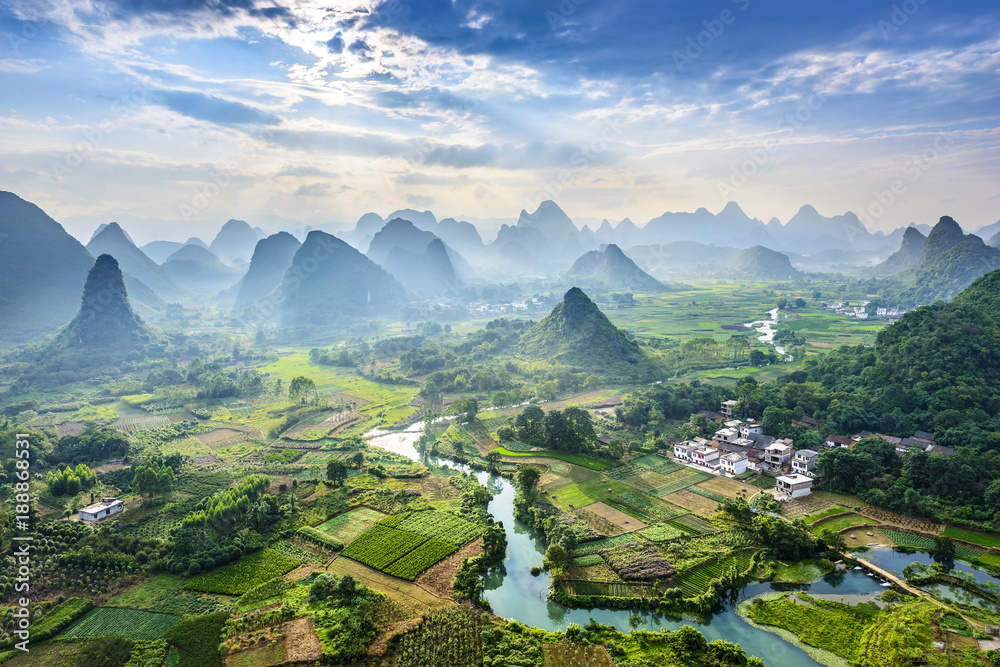 Landscape of Guilin, Li River and Karst mountains. Located near Yangshuo, Guilin, Guangxi, China. - obrazy, fototapety, plakaty 