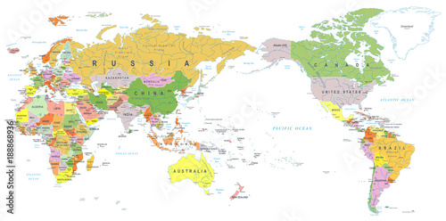 World Map Color - Asia in Center
