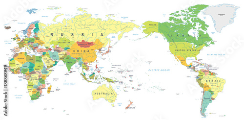 Fototapeta Naklejka Na Ścianę i Meble -  World Map Color - Asia in Center