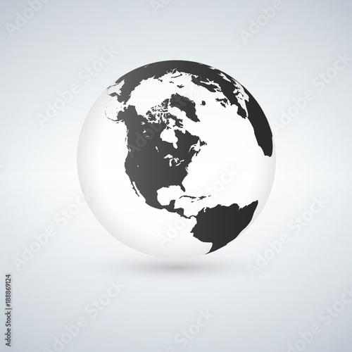 Globe icon with smooth vector shadows and black map of the continents of the world