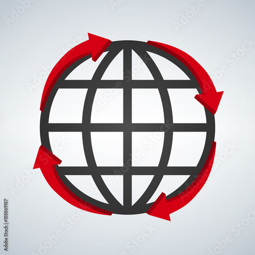 Round red arrows around world planet icon digital design isolated on white, vector illustration