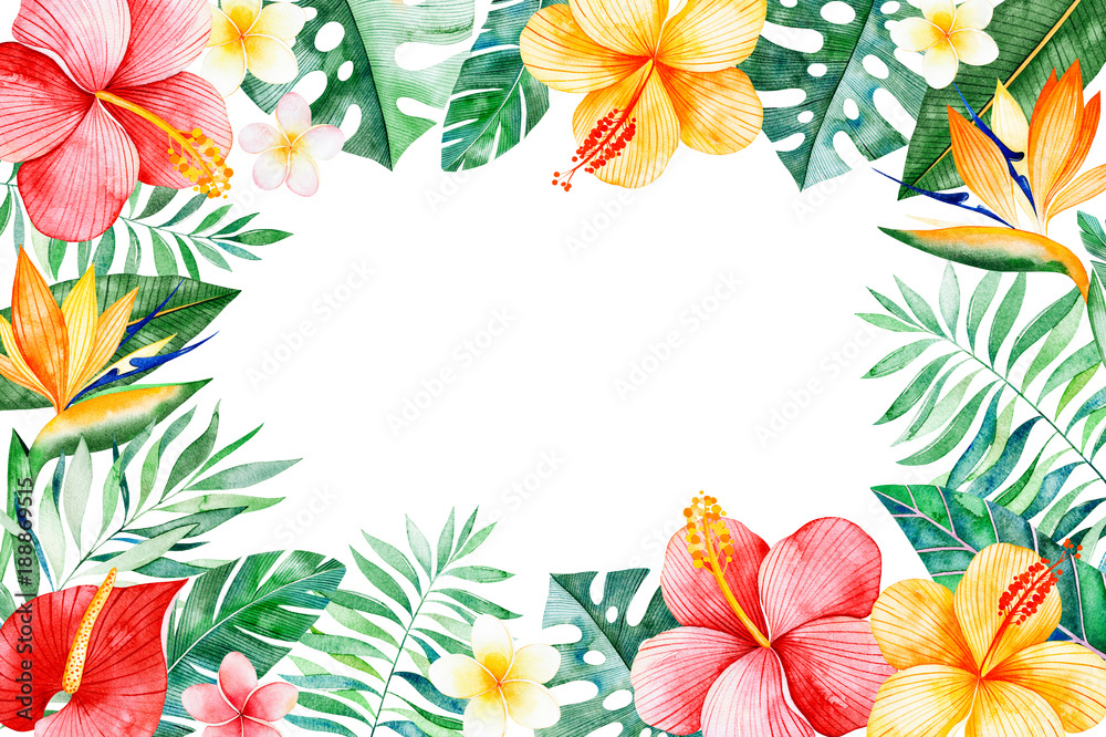 Watercolor tropical frame border.Texture with greens,branch,exotic