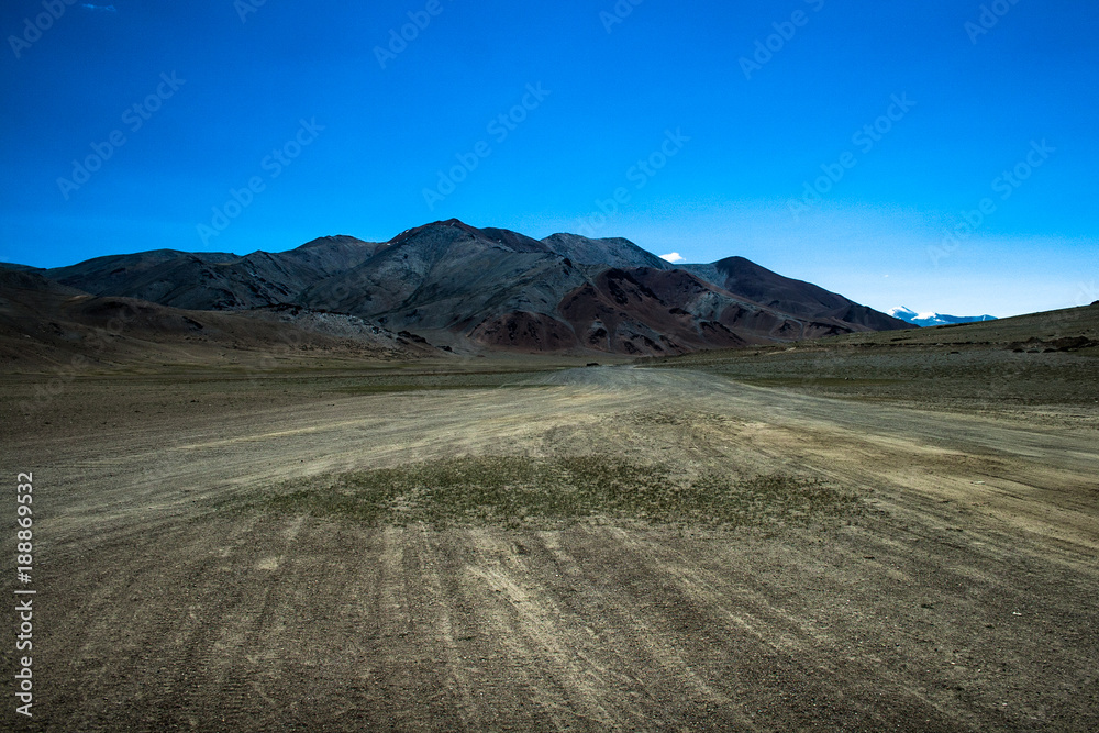View of a cold desert and mountain in Ladakh, India