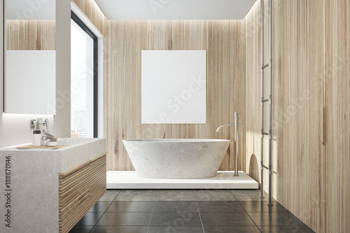 Wooden bathroom interior  tub  poster