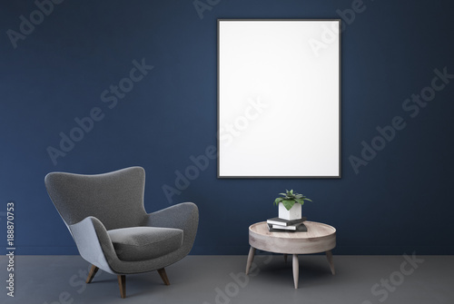 Empty blue room  gray armchair  table  poster