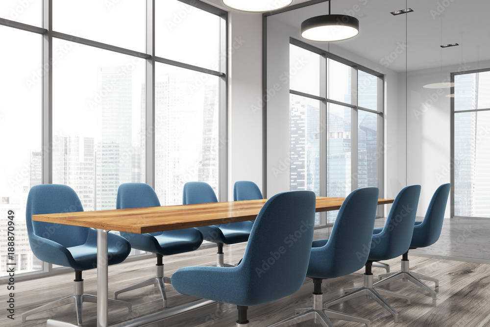 Meeting room corner, blue chairs