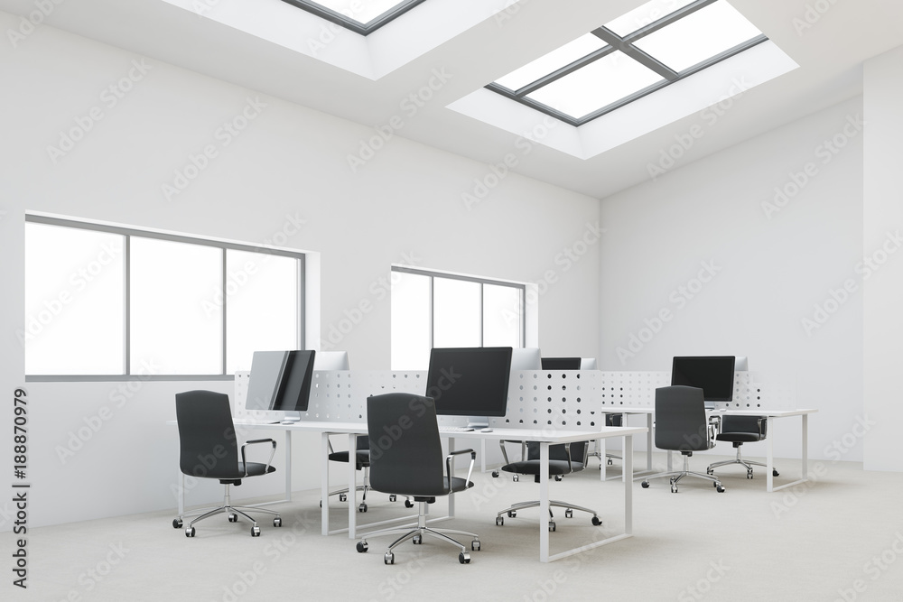 Fototapeta premium White penthouse open space office, black chairs