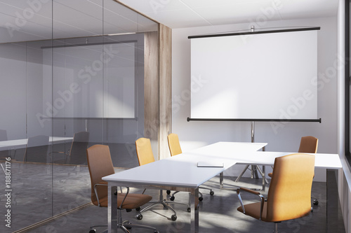 White and glass meeting room, whiteboard
