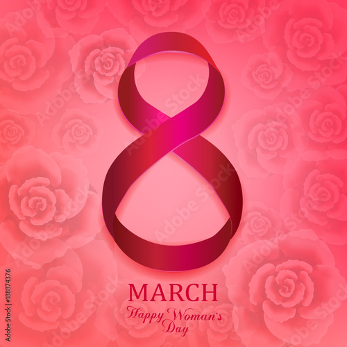 Happy woman's day 8 March with roses on pink background. Wallpaper.flyers, invitation, posters, brochure, banners. Vector illustration