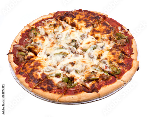 Chicago classic thin crust sausage, mushrooms, green peppers and onion pizza