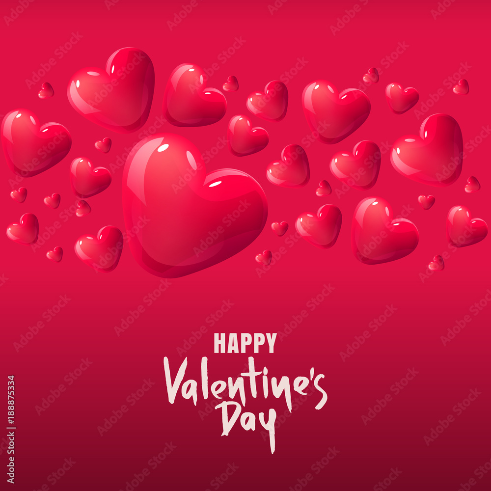 Valentines day vector greeting card. 3d red glass hearts. Background for holiday poster, banner, gift card.