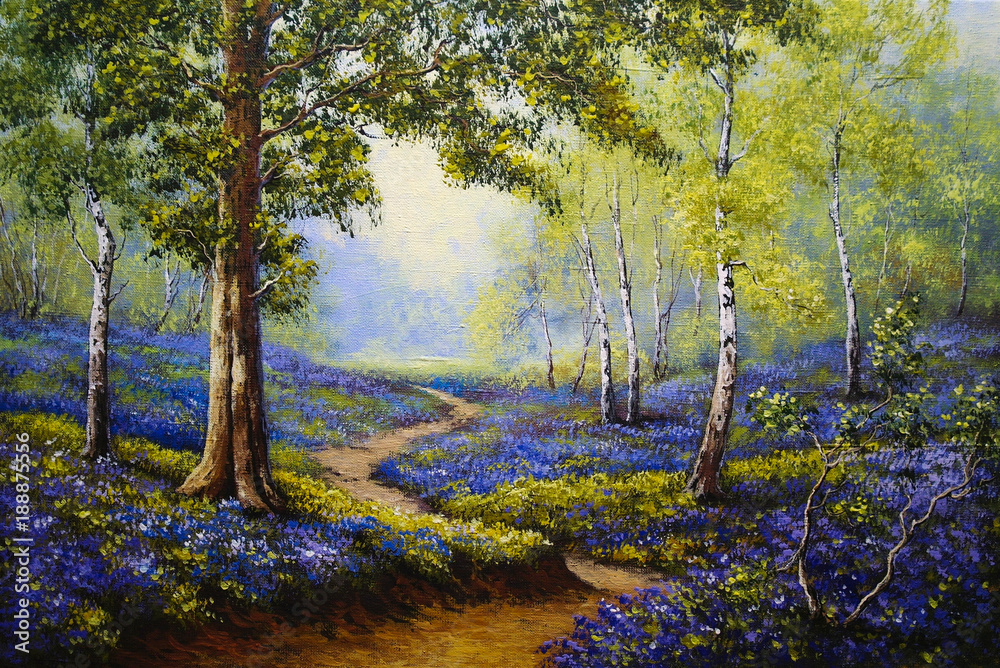 Spring forest. Flowers. Oil paintings landscape. Fine art.