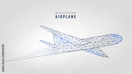 Polygonal airplane, wireframe structure. Template low poly plane on gray background vector illustration