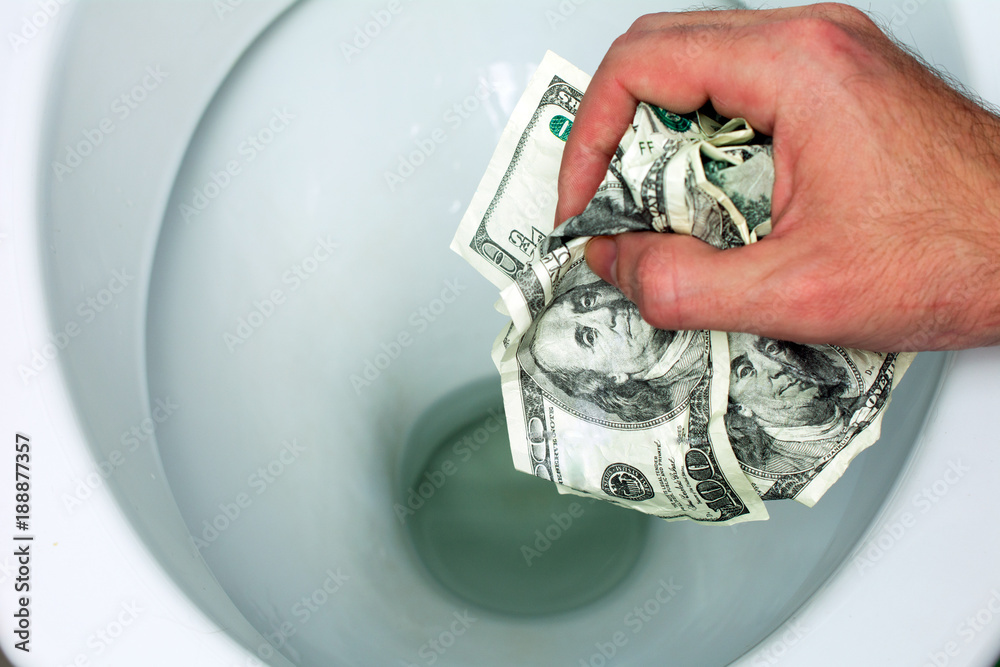 Flush money down the toilet, throws dollar bills in the toilet, loss
