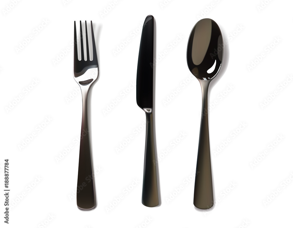 Realistic fork and knife mockup. Stainless steel, silver kitchenware, flatware. Isolated vector illustration on a white background ready for your design Realistic fork and knife mockup. Stainless steel, silver kitchenware, flatware. Isolated vector illustration on a white background ready for your design