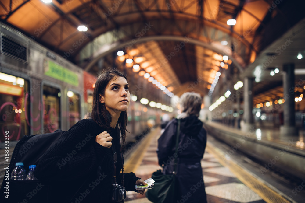 Travel Directions By Train Female Traveler Searching For Directions,Waiting For The Train/Tram,Using  Transportation In Foreign Country.urban Tourism.low Budget Cheap Ticket  Backpacking.travel To The Destination Stock Photo | Adobe Stock