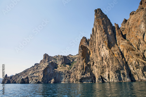 View from the sea to Kara-Dag and Golden Gate of Crimea