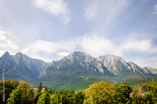 Caraiman mountain peak with the Caraiman Cross national monument with the Busteni mountains part of the Carpathian Mountains in Romania