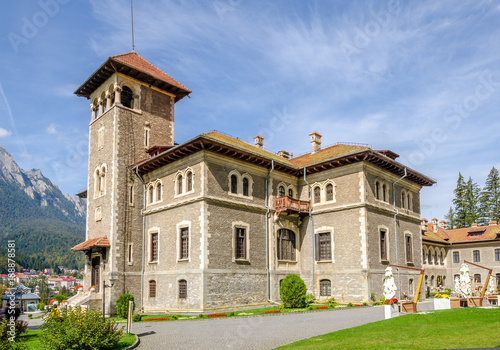 Cantacuzino Castle in the Busteni Mountains built in neo romanian architectural style on a sunny summer day photo