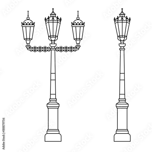 Classic street light pole or standard in flat color line design on isolated background. City lighting lamp - outdoor object in thin linear style.