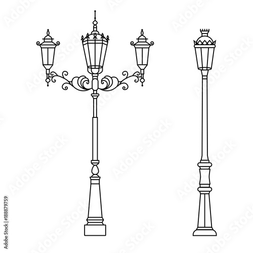 Traditional street light with floral decoration and three lamps in flat line design. Streetlight, lamp pole, column, standard illustration - element for city constructors, maps, tourist guides.