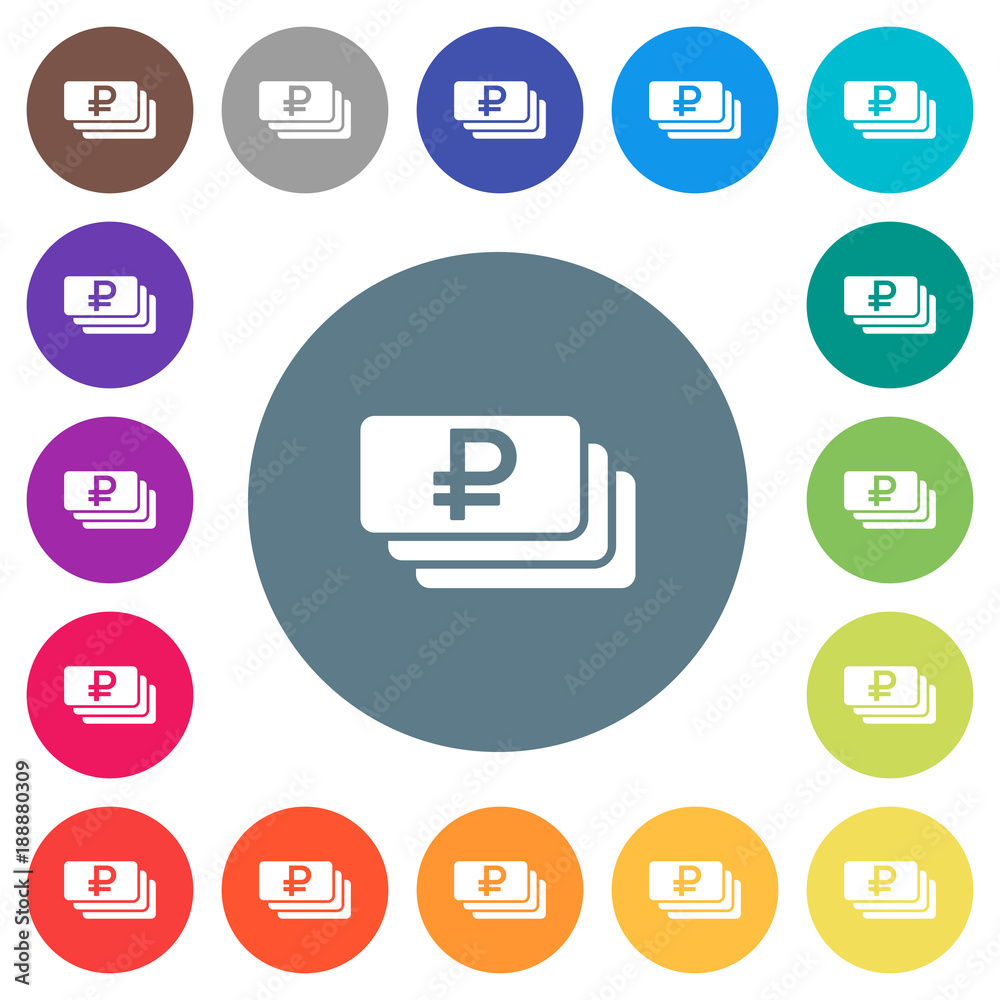 Ruble banknotes flat white icons on round color backgrounds Ruble banknotes flat white icons on round color backgrounds