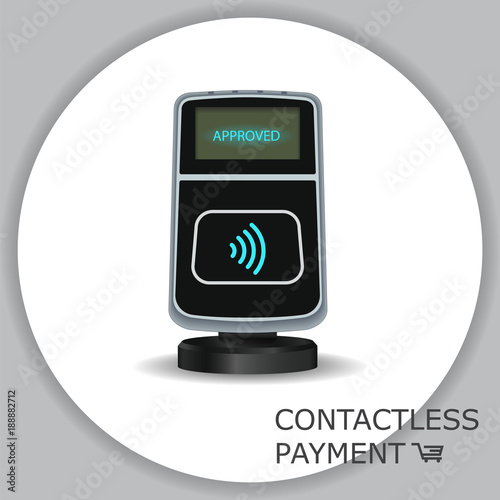 Modern wireless POS terminal for mobile, smartwatch, credit card payments. NFC. Gray circle background. Vector