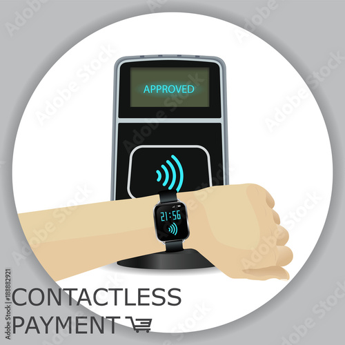 Hand with smartwatch paying for products by contactless payments technology. Modern Payment terminal approves. Vector