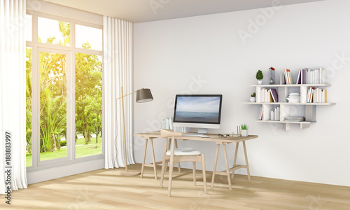 3D rendering of interior modern living white room workspace with desk and laptop computer and green landscape in window.